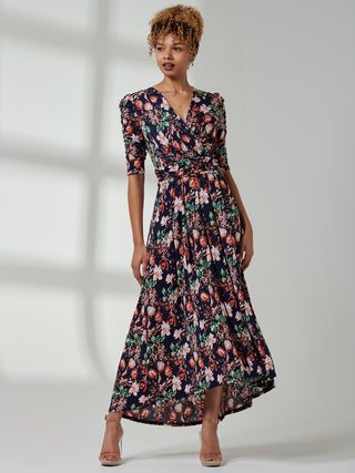 Maanasi Ruched Sleeve Jersey Maxi Dress, Navy Floral