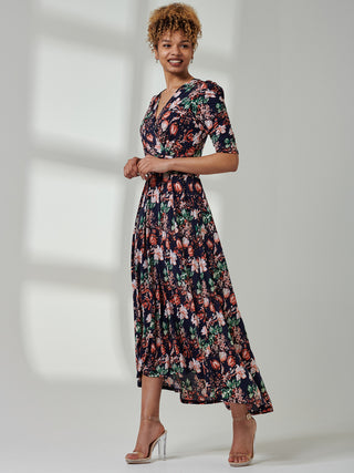 Maanasi Ruched Sleeve Jersey Maxi Dress, Navy Floral