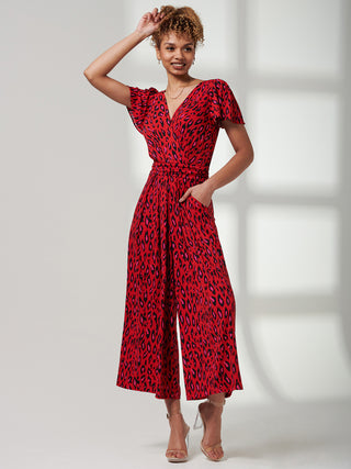 Cap Sleeve Culotte Jumpsuit, Red Animal