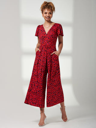 Cap Sleeve Culotte Jumpsuit, Red Animal