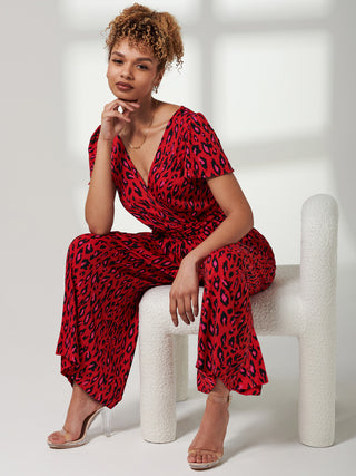 Cap Sleeve Culotte Jumpsuit, Red Animal