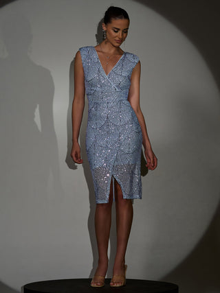 V Neck Sequin Bodycon Wrap Hem Midi Dress Lilac