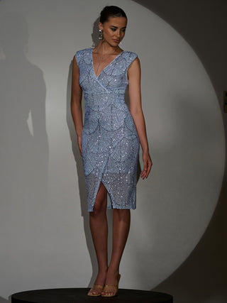 V Neck Sequin Bodycon Wrap Hem Midi Dress Lilac