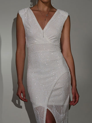 V Neck Sequin Bodycon Wrap Hem Midi Dress White