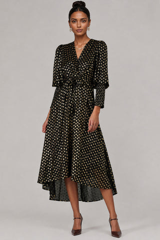 Puff Sleeve Metalic Spot Print Dip Hem M, Black