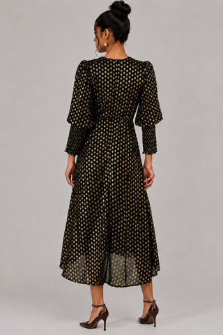 Puff Sleeve Metalic Spot Print Dip Hem M, Black