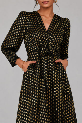 Puff Sleeve Metalic Spot Print Dip Hem M, Black