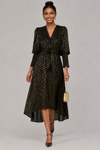 Puff Sleeve Metalic Spot Print Dip Hem M, Black