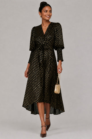 Puff Sleeve Metalic Spot Print Dip Hem M, Black