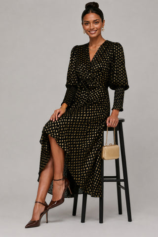 Puff Sleeve Metalic Spot Print Dip Hem M, Black