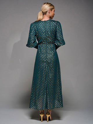 Puff Sleeve Metalic Spot Print Dip Hem Midi Dress Dark Green