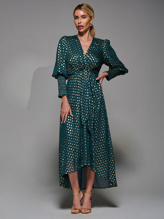 Puff Sleeve Metalic Spot Print Dip Hem Midi Dress Dark Green