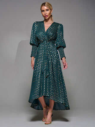 Puff Sleeve Metalic Spot Print Dip Hem Midi Dress Dark Green