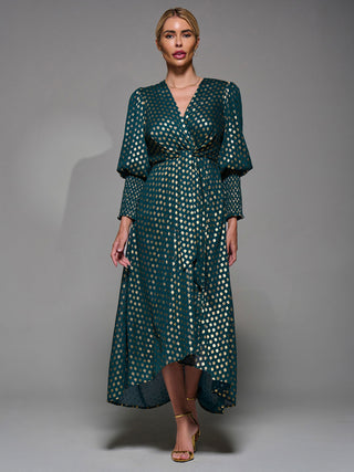 Puff Sleeve Metalic Spot Print Dip Hem Midi Dress Dark Green