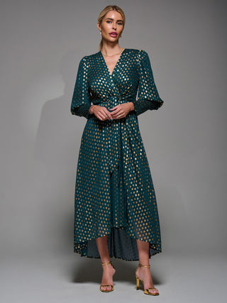 Puff Sleeve Metalic Spot Print Dip Hem Midi Dress Dark Green