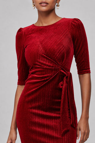 Metallic Thread Velvet Midi Dress, Burgundy