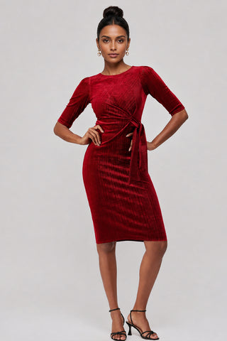 Metallic Thread Velvet Midi Dress, Burgundy
