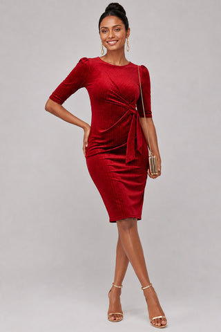 Metallic Thread Velvet Midi Dress, Burgundy