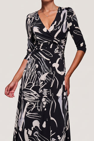 Jersey Ruched Waist Fit & Flare Maxi Dress, Black Abstract