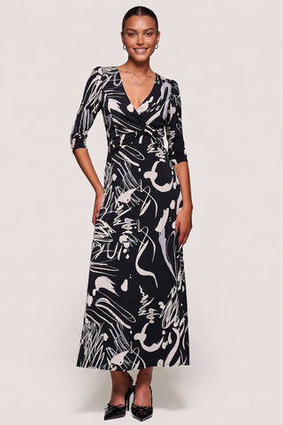 Jersey Ruched Waist Fit & Flare Maxi Dress, Black Abstract