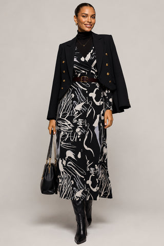 Jersey Ruched Waist Fit & Flare Maxi Dress, Black Abstract