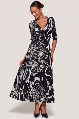 Jersey Ruched Waist Fit & Flare Maxi Dress, Black Abstract