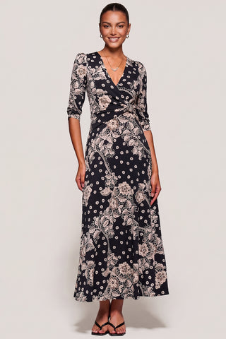Jersey Ruched Waist Fit & Flare Maxi Dress, Black Floral