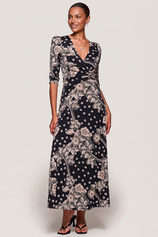Jersey Ruched Waist Fit & Flare Maxi Dress, Black Floral