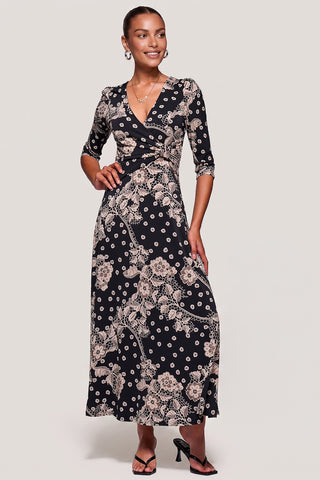 Jersey Ruched Waist Fit & Flare Maxi Dress, Black Floral