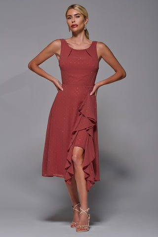 Embellished Frill Hem Ciffon Dress, Rust