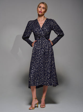 Long Puff Sleeve Metalic Midi Dress, Navy/Gold