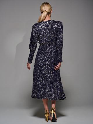 Long Puff Sleeve Metalic Midi Dress, Navy/Gold
