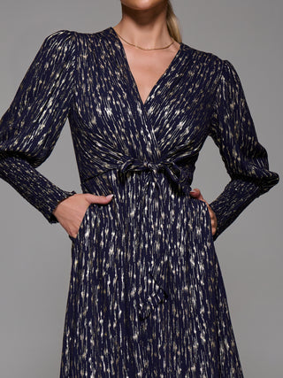 Long Puff Sleeve Metalic Midi Dress, Navy/Gold