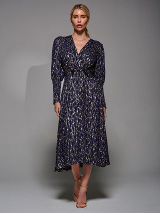 Long Puff Sleeve Metalic Midi Dress, Navy/Gold