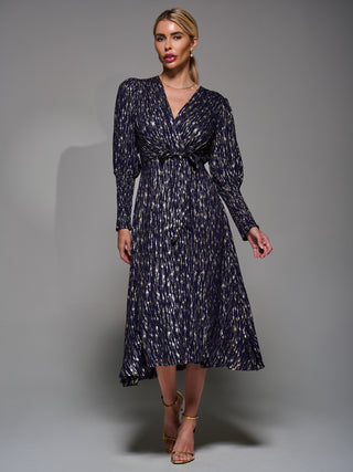 Long Puff Sleeve Metalic Midi Dress, Navy/Gold