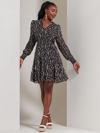 Long Sleeve Chiffon Tiered Mini Dress, Black Pattern Jolie Moi Retail Long Sleeve Chiffon Tiered Mini Dress, Black Pattern Jolie Moi Retail