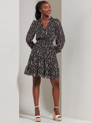 Long Sleeve Chiffon Tiered Mini Dress, Black Pattern