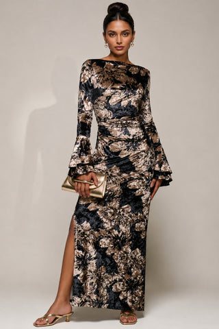 Ruffle Sleeve Velvet Maxi Dress, Black Abstract
