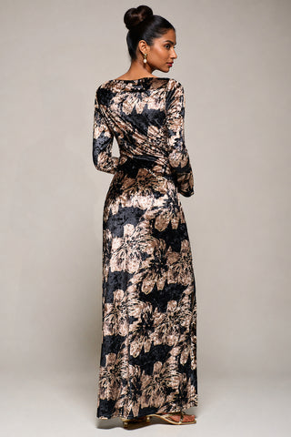 Ruffle Sleeve Velvet Maxi Dress, Black Abstract