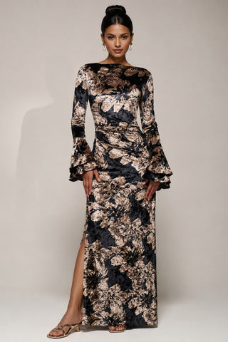 Ruffle Sleeve Velvet Maxi Dress, Black Abstract