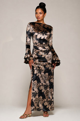 Ruffle Sleeve Velvet Maxi Dress, Black Abstract