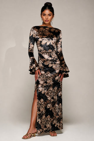 Ruffle Sleeve Velvet Maxi Dress, Black Abstract