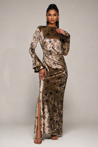 Ruffle Sleeve Velvet Maxi Dress, Gold Abstract