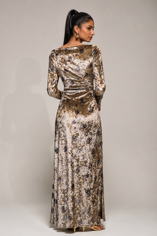 Ruffle Sleeve Velvet Maxi Dress, Gold Abstract