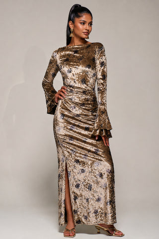 Ruffle Sleeve Velvet Maxi Dress, Gold Abstract