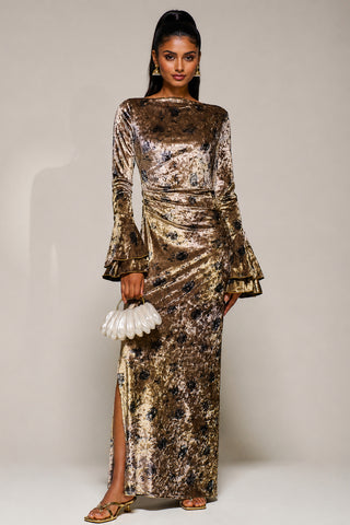 Ruffle Sleeve Velvet Maxi Dress, Gold Abstract