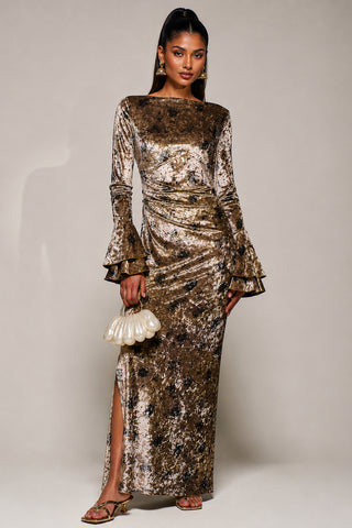 Ruffle Sleeve Velvet Maxi Dress, Gold Abstract