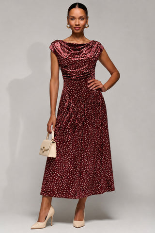 Cowl Neck Velvet Midaxi Dress, Burgundy Polka Dot