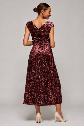 Cowl Neck Velvet Midaxi Dress, Burgundy Polka Dot