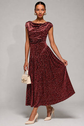Cowl Neck Velvet Midaxi Dress, Burgundy Polka Dot